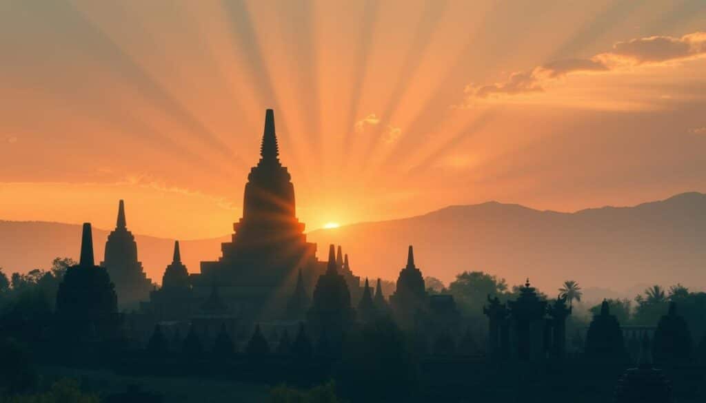 Gambar Candi Borobudur di pagi hari dengan sinar matahari yang menyinari stupa