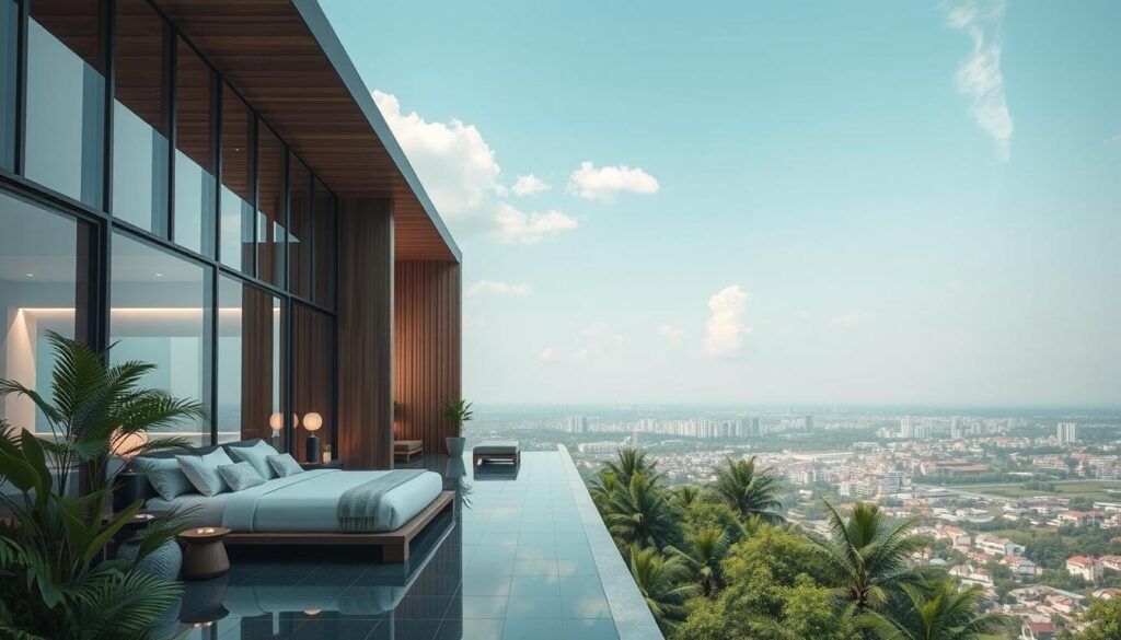 Gambar Nest Hotel Jogja dengan desain modern dan pemandangan lapangan terbuka