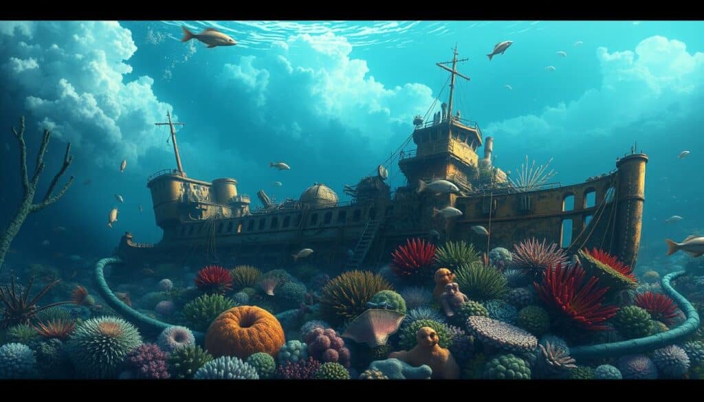 Gambar bangkai kapal Cendrawasih yang menjadi rumah bagi ekosistem laut yang kaya