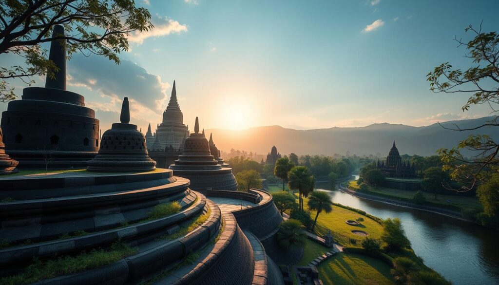 Gambar kombinasi wisata Borobudur dengan Candi Mendut dan Kali Biru