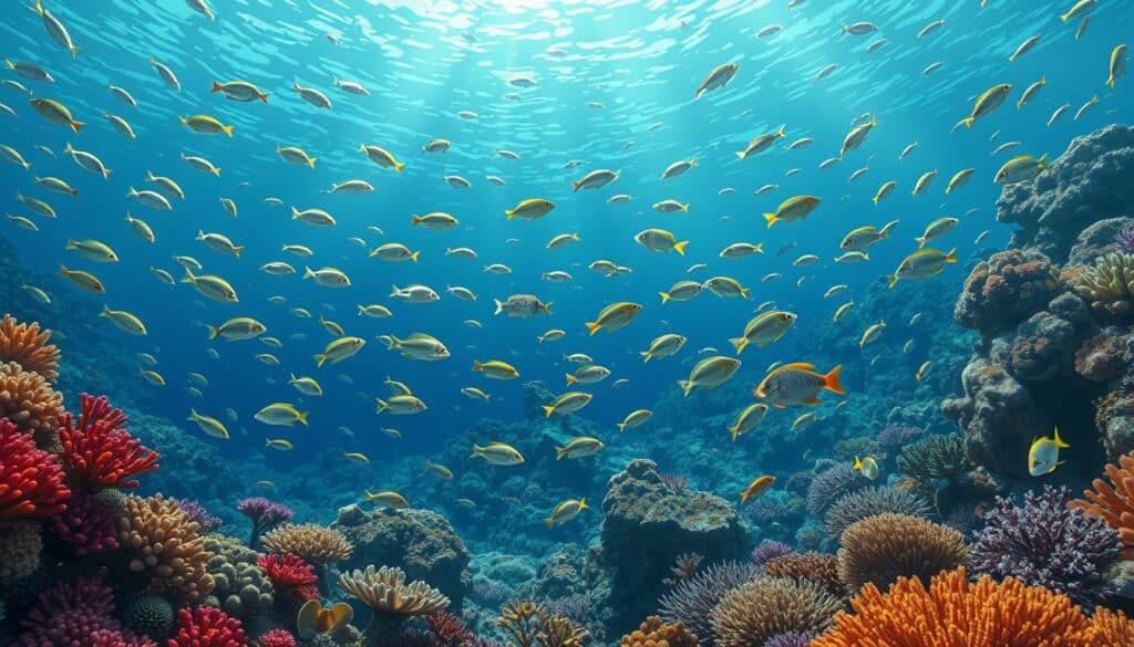 Gambar pemandangan bawah laut Cape Kri dengan berbagai jenis ikan dan karang