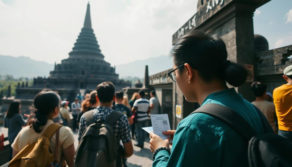 Gambar pengunjung Candi Borobudur sedang membeli tiket masuk
