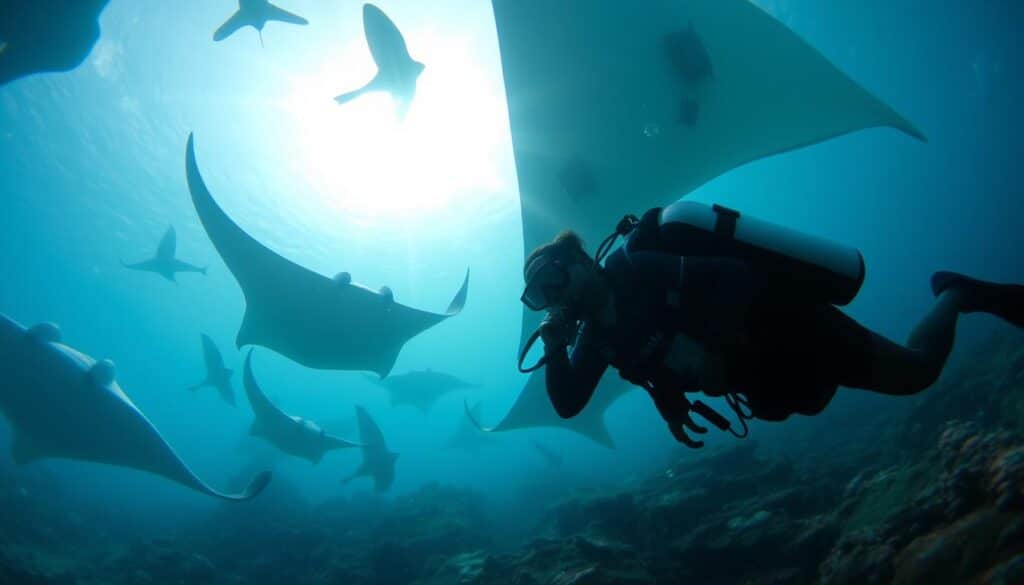 Gambar penyelam di Manta Point, Pulau Arborek, Raja Ampat, dengan pari manta di sekitarnya.